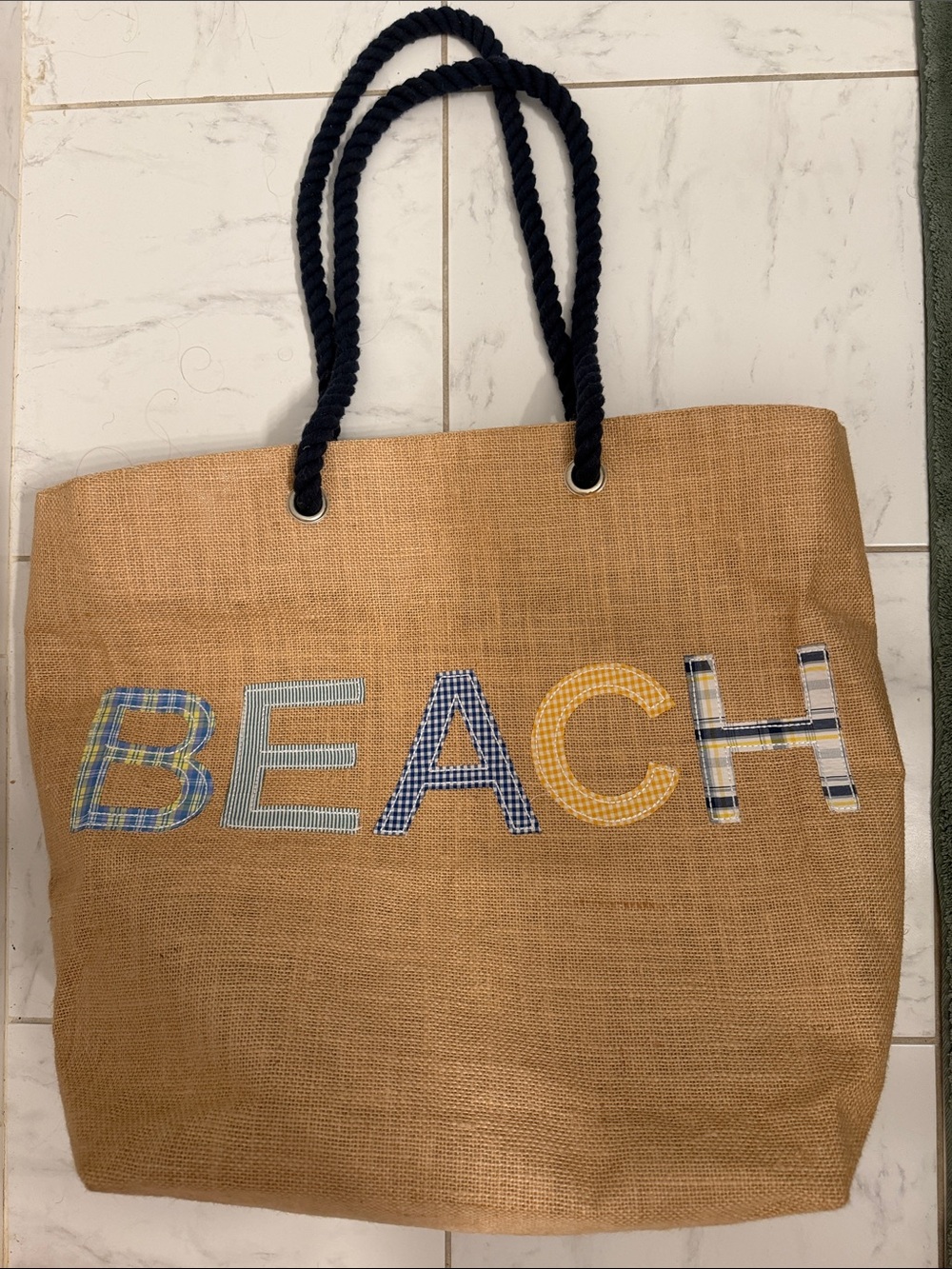 Natural Tan Beach Tote with Navy Rope Handles
